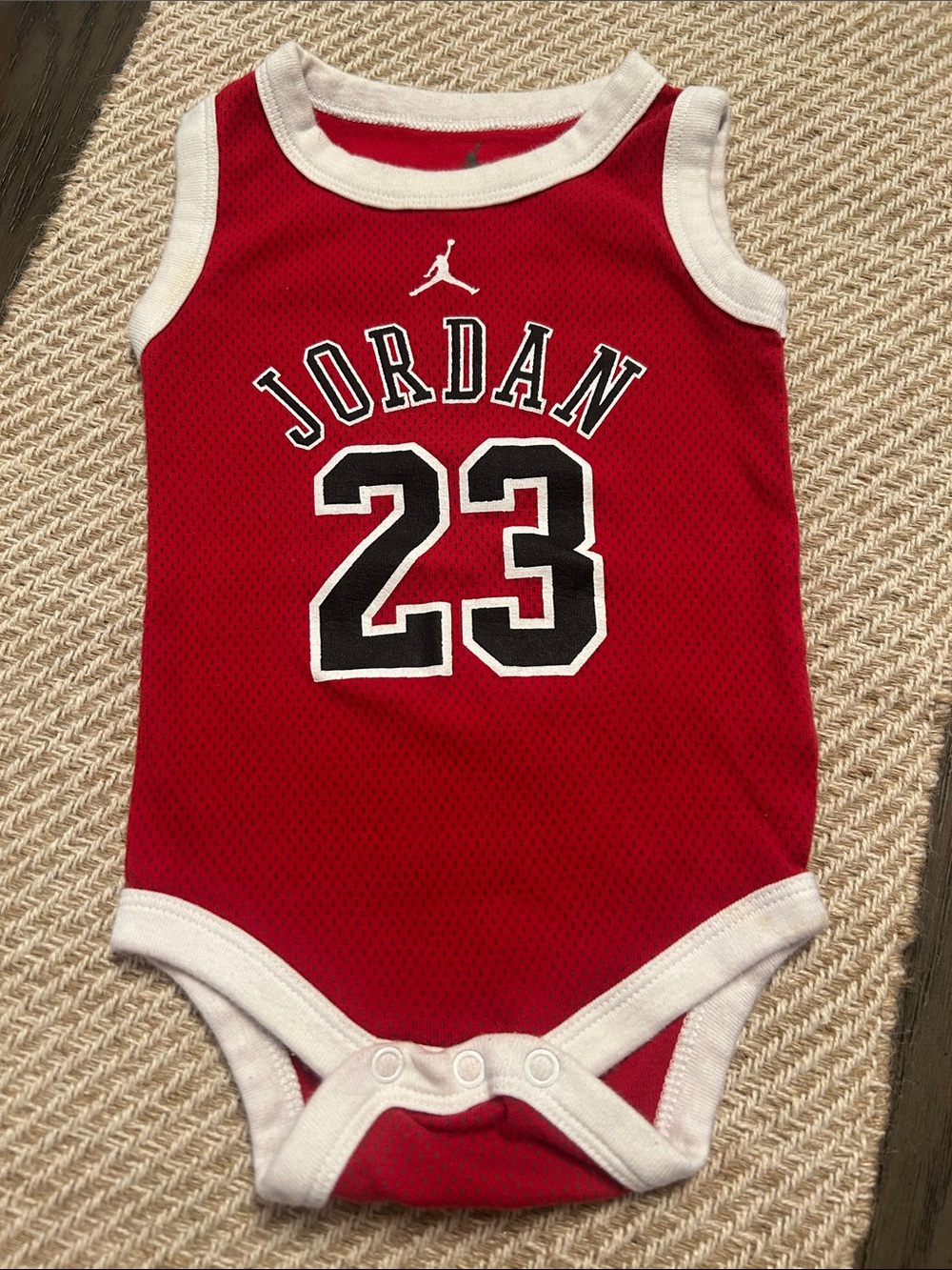 JORDAN Red, White & Black Baby ONESIE with #23 & Jumpman Size 0-6m